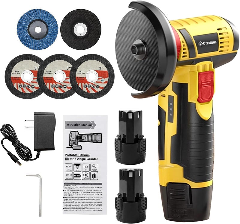 Creddux Cordless Angle Grinder, 3 Inch Mini Angle Grinder Tool With 2pcs 16.8V 2000mAh Batteries and 5 Grinding Wheel,19500rpm Metal Grinders for Cutting, Grinding and Polishing Yellow - Image 1